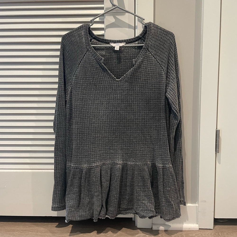 Waffle Babydoll Top, Long-Sleeved, Gray, size L - Time and Tru